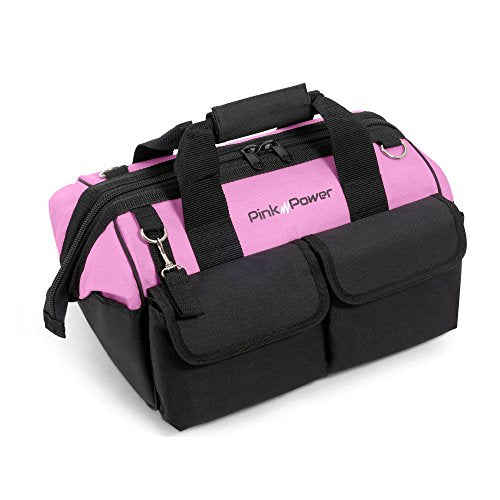 Pink Power Pink Tool Bag for Women -16" Tool Tote Bag w/ 22 Storage Pockets | Womens Small ToolBag Ladies ToolBox for Hand Tools, Power Kits & More - Womens Zipper Toolbag Caddy Organizer
