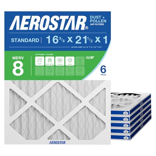 Aerostar 16.375x21.5x1 MERV 8 Air Filter, 6 Count, ACTUAL SIZE (16.50 x 21.50 x 0.75), HVAC, Air Conditioning & Furnace Filter Captures Dust, Lint & Pollen (MPR 600 / FPR 5), Made in USA 6 PACK Standard MERV 8
