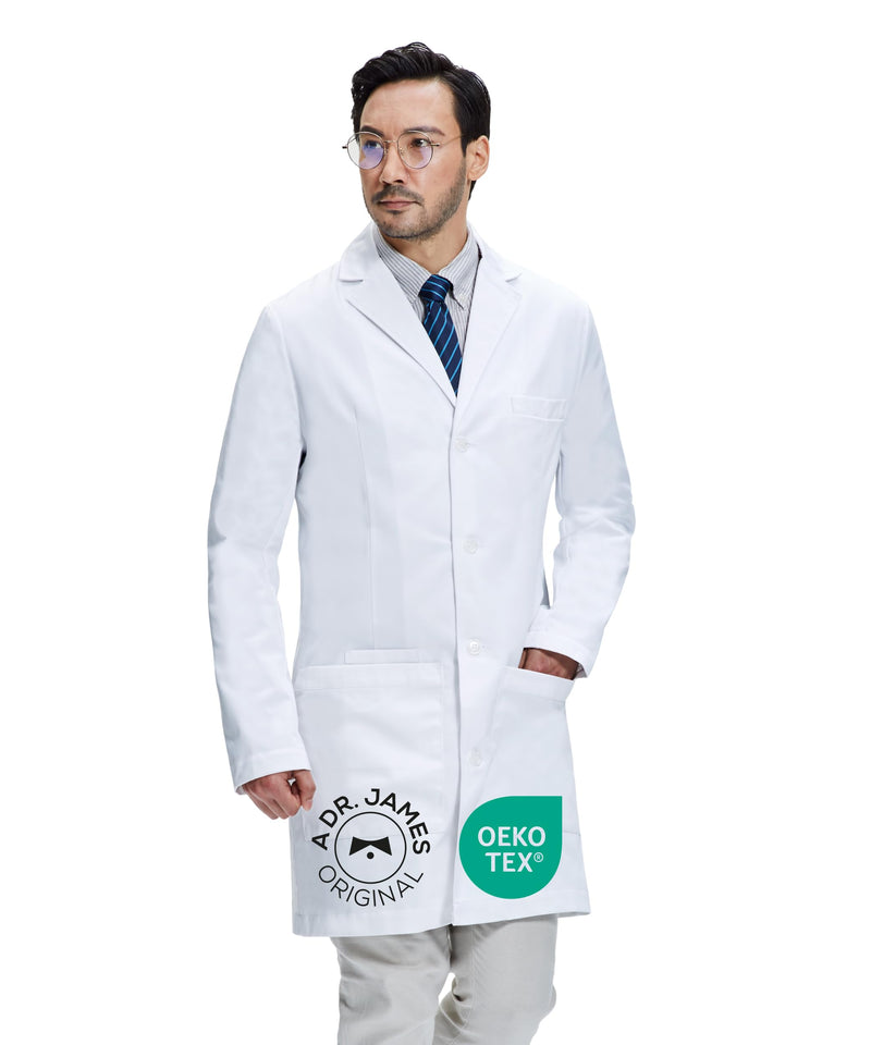 Dr. James Men’s Lab Coat – White Medical Coat, Tailored Fit, Button Closure, Phone & Tablet Pockets, 38” Length, OEKO-TEX® Large