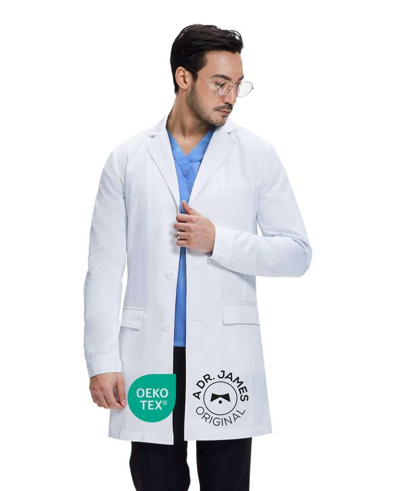 Dr. James Men’s Lab Coat – White Medical Coat, Slim Tailored Fit, Consultation Length 36”, OEKO-TEX® Certified Medium