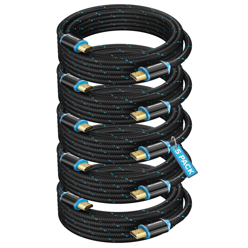 Maximm Hdmi Cable 4K 10 Ft, 5 Pack, Braided, 18Gbps, Hdmi 2.0, Gold-Plated 10 Feet