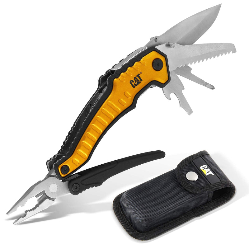 Caterpillar Multi Function Tool 9-in-1, X-Large, Long Nose Pliers, Wire Cutter, Knife, Bottle Opener, Screwdriver, Saw Blade, with Pouch - Yellow 980045 One Size