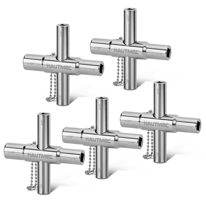 HAUTMEC 5pcs 4 Way Sillcock Water Key Faucet Valve Tool Spigot Key 1/4", 9/32", 5/16", 11/32" PL0028-5 5 Pack Silver