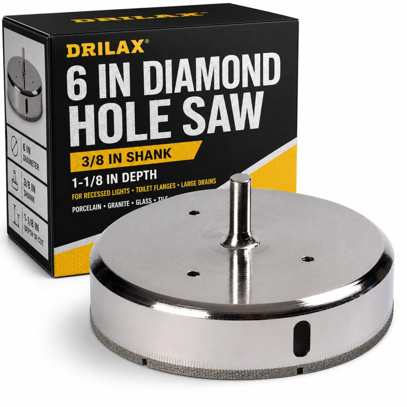 Drilax 6 Inch Diamond Hole Saw | 3/8" Shank, 1-1/8" Depth | for Recessed Lights, Toilet Flanges, Large Drains | Drills Porcelain, Granite, Glass, Tile