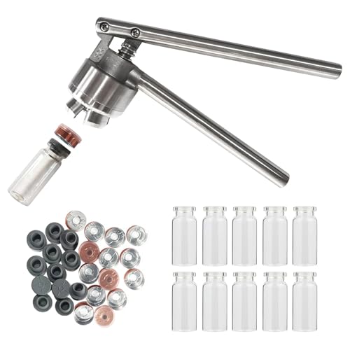 YaeTek 20mm Vial Manual Crimper Hand Sealing Machine + 10 x 10ml Vials & Stopper&Caps - Crimper Medical/Bottle Cap Crimping Tool/Antibiotics Bottle Capper Machine/Hand held Capping Machine