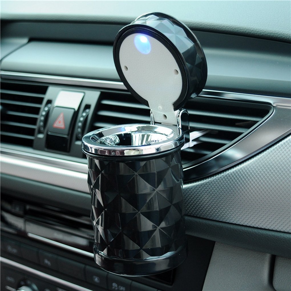 Auto Car Ashtray Portable with Blue LED Light Ashtray Smokeless Smoking Stand Cylinder Cup Holder (Black) Black