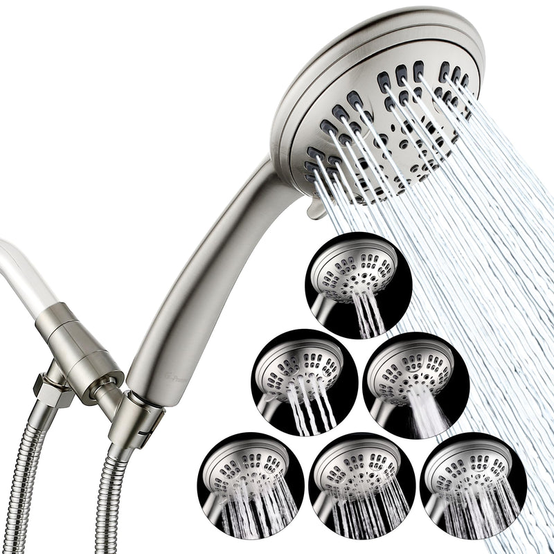 G-Promise High Pressure Shower Head 6 Spray Setting with Adjustable Solid Brass Shower Arm Mount and Extra Long Flexible Stainless Steel Hose (Brushed Nickel) Brushed Nickel