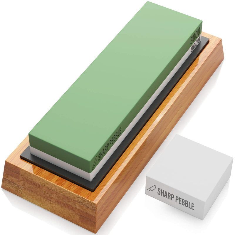 Sharp Pebble Premium Whetstone Knife Sharpening Stone 2 Side Grit 3000/8000 Wetstone Kit -Wetstone Kitchen Knife Sharpener with Non-Slip Bamboo Base & Flattening Stone