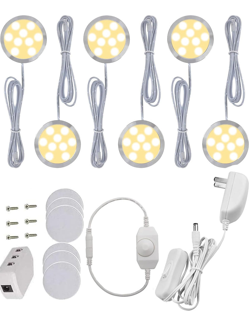 Cefrank Dimmable Puck Lights, 6pcs Warm White Bookcase Lighting Kit w/Rotary Dimmer Switch, Total of 18W, 1500 Lm LED Under Cabinet Lights - Warm White, 3000K