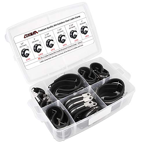 Cable Clamp Assortment Kit, LOKMAN 46 Pieces 304 Stainless Steel Rubber Cushion Insulated Pipe Clamps Assorted in 6 Size 1/2'' 1'' 1.25'' 1.5'' 1.75'' 2'' Assortment Kit (1/2-2 Inch)