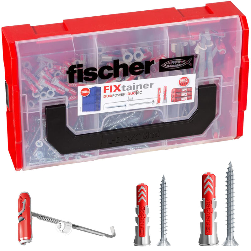 fischer FIXtainer DuoPower and DuoTec Assortment Box Universal and Toggle Wall Anchors with PZ Screws for Hollow Walls, Drywall and Solid Materials - 100 Anchors & 100 Screws DuoPower / DuoTec + screw