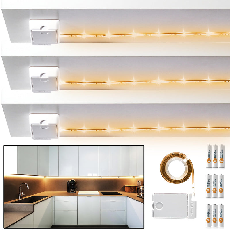 POWER PRACTICAL Luminoodle Under Cabinet Lighting – Click LED Light Strip for Shelves, Kitchen Cabinets, & Furniture, 3-Pack Includes Power Button & Tape Adhesive - Warm White (2700K) Warm Light 3 pack