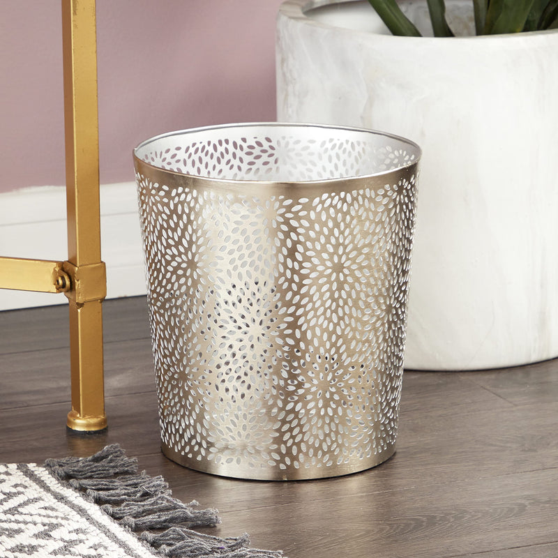 CosmoLiving by Cosmopolitan Metal Cylinder Small Waste Bin with Laser Carved Floral Design, 9" x 9" x 10", Silver Petals