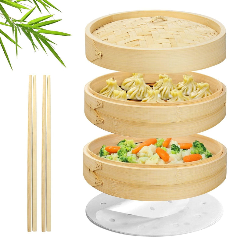 Flexzion Bamboo Steamer Basket Set (8 inch), 50 x Steamer Liners and 2 Pairs of Chopsticks, Steam Baskets for DimSum Dumplings, Rice, Vegetables, Fish and Meat 8 Inch