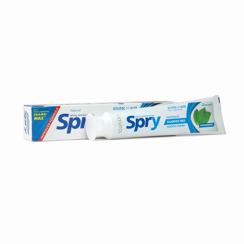 Spry Natural Xylitol Toothpaste 5oz for Adults and Kids - Fluoride Free, Gentle for Sensitive Teeth Whitening and Remineralizing, Breath Freshening, Mouth Moisturizing, Peppermint (Pack of 6) Peppermint (No Fluoride) 5 Ounce (Pack of 6)