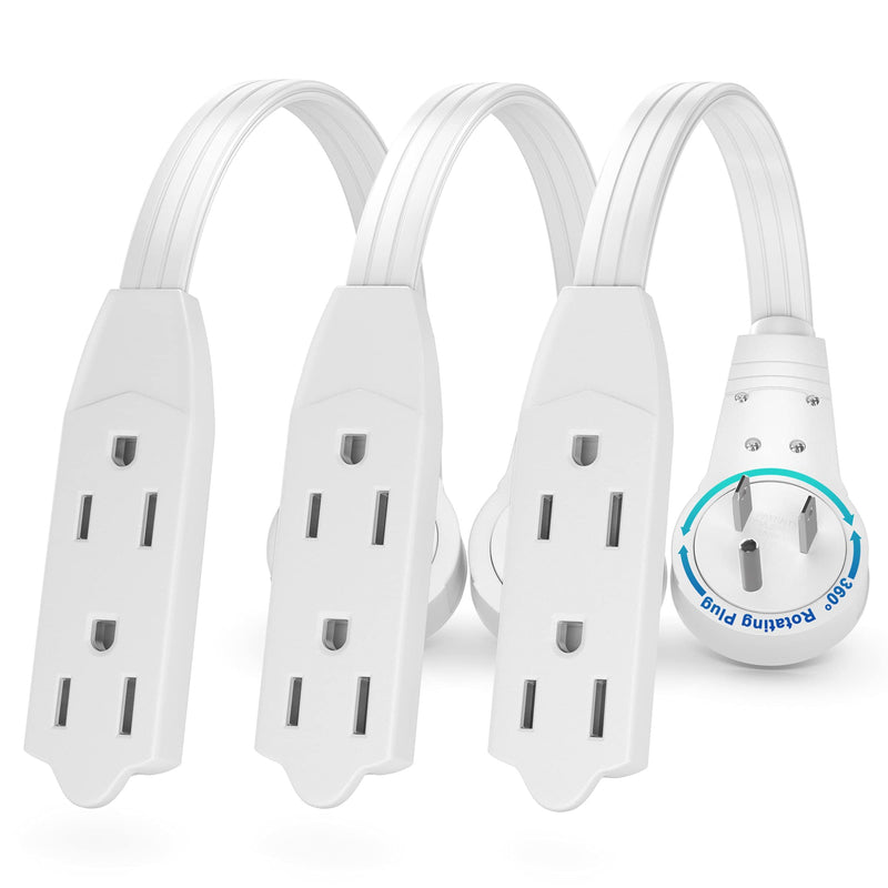 Maximm Cable 0.5 Ft 360° Rotating Flat Plug Extension Cord/Wire, 16/3 AWG Multi 3 Outlet 3-Prong Grounded Wire- White - 3 Pack - UL Certified