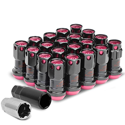 DNA Motoring M12x1.25 Closed End Lug Nuts, 16 Pcs Universal Hex Wheel Nut+4 Pcs Spline Lock Nut w/Adapter Keys for Aftermarket Wheels, Pink Accents for Conical Seat Wheels, LN-ZTL-9016-125-PK Pink Accents / Black Body M12 x 1.25