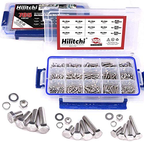 Hilitchi 705-Pcs M3 M4 M5 Hex Hexagon Head Cap Machine Screws Bolts Nuts Flat and Lock Washers Assortment Kit, 304 Stainless Steel, 8 to 20mm Length, Full Thread
