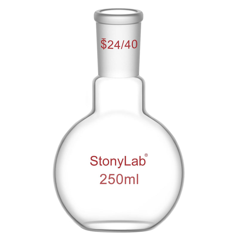 StonyLab Borosilicate Glass Heavy Wall Single Neck Flat Bottom Boiling Flask, with 24/40 Standard Taper Outer Joint, 250ml 250 mL