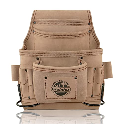 GRAINTEX ST2040 10 Pocket Nail & Tool Pouch Natural Top Grain Leather for Framers, Constructors, Electricians, Plumbers, Handyman