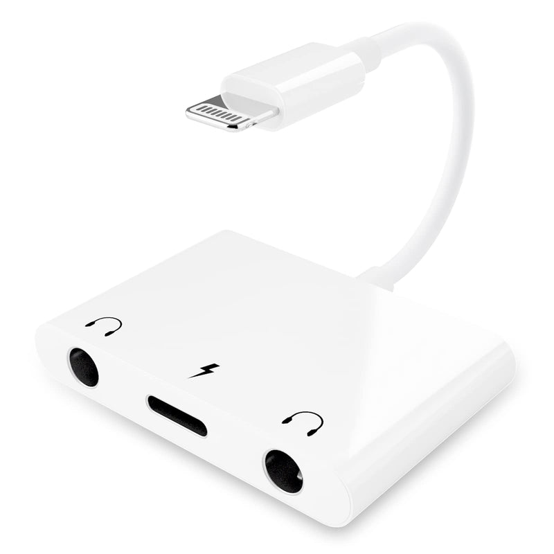3 in 1 Dual 3.5mm Headphone Jack Adapter - Earphone Jack Audio and Charging Adapter - Headphone Splitter for iPhone 14/13/ 12/11/ X/ 8/ iPad -Support iOS 13- White