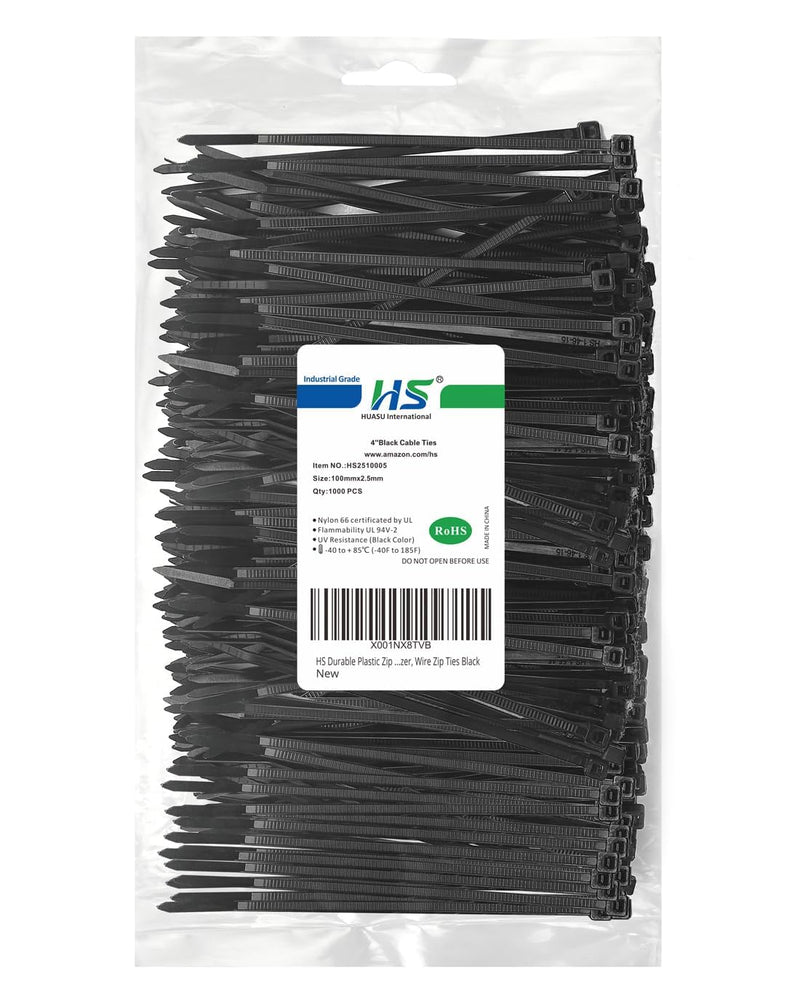 HS Durable Plastic Zip Ties 4 Inch (Bulk-1000 Pack) Small Tie Wraps Thin 18 Lbs Self-Locking Nylon Cable Ties for Electronics Organizer, Wire Zip Ties Black Black 4"1000