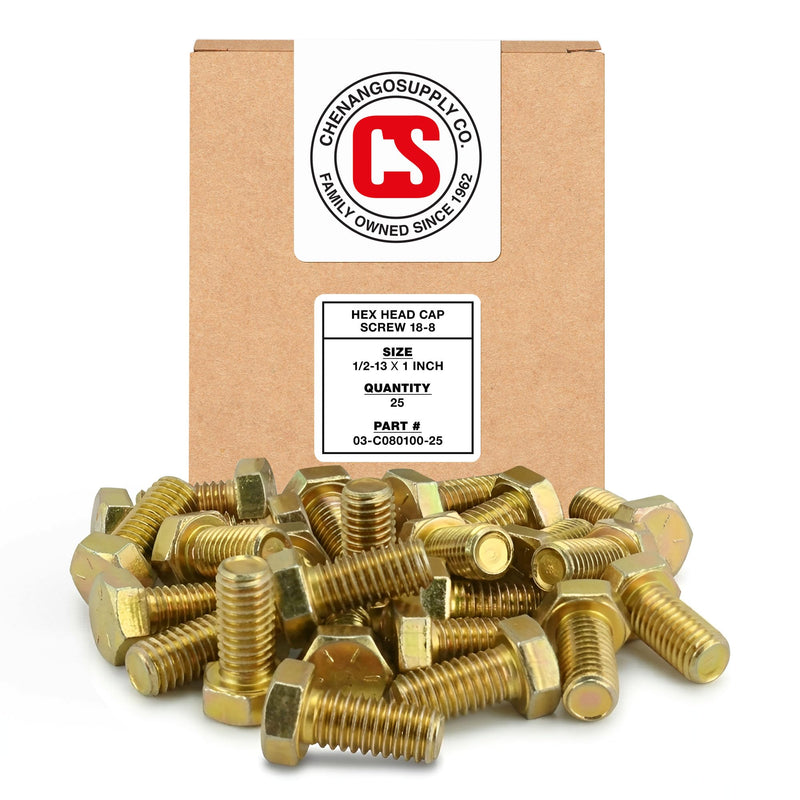 Chenango Supply 1/2-13 x 1 Grade 8 Hex Head Bolts – Alloy Steel, Yellow Zinc Chromate, USS Coarse Thread, High-Strength Hex Head Cap Screws, (25 Pieces, 1/2-13 x 1 G8) 25 1/2-13x1