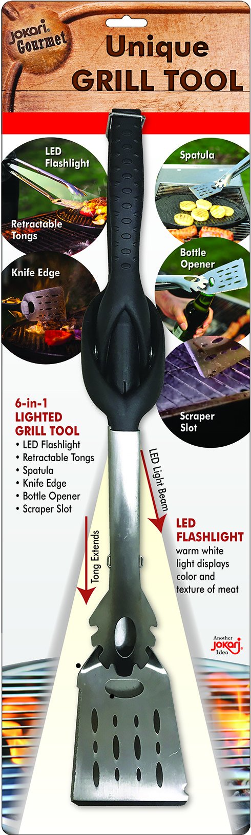 Jokari Pro Grade 6 in 1 Lighted Grill Tool. All in One Cooking Utensil Includes Easy Grip Handle, Spatula, Adjustable Tongs, Knife Blade, Scraper, Bottle Opener and LED Flashlight for Night Grilling. Tool Only
