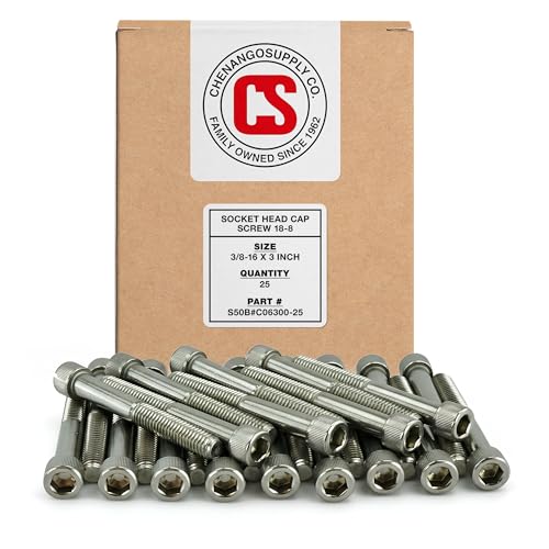 Chenango Supply Stainless 3/8-16 x 3 Socket Head Cap Screws – 18-8 Grade, Full Thread, Hex Drive 5/16, Coarse Thread, High-Torque Socket Head Cap Screws, 25 Pieces (3/8-16 x 3)