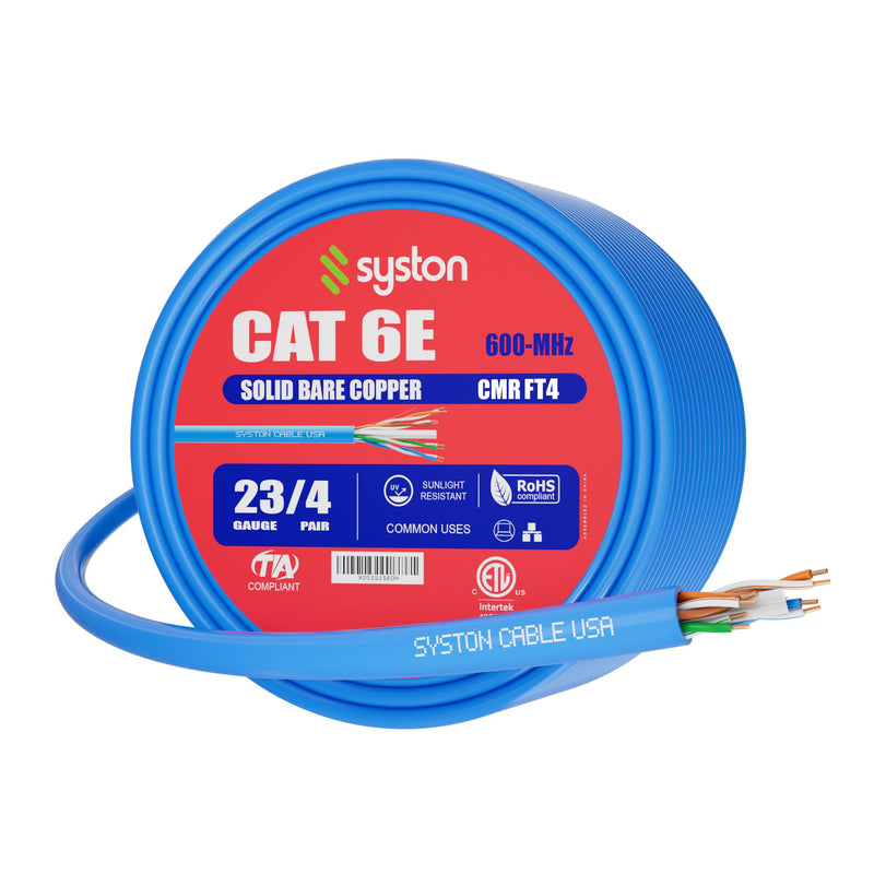 Syston Cable Technology Cat 6E Ethernet Network Cable - 100 FT，600MHz 23AWG Solid Bare Copper Wire Outdoor/Indoor, Bulk No Ends 10 Ft to 1000 Ft Available, Heat Resistant Riser Rated - CMR 100FT Blue