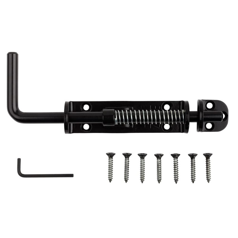 National Hardware N109-214 V1142 Spring Loaded Heavy Duty Sliding Door Bolt Latch - Black Steel Security Lock for Gates, Sheds and Stalls - Left or Right Hand Operation