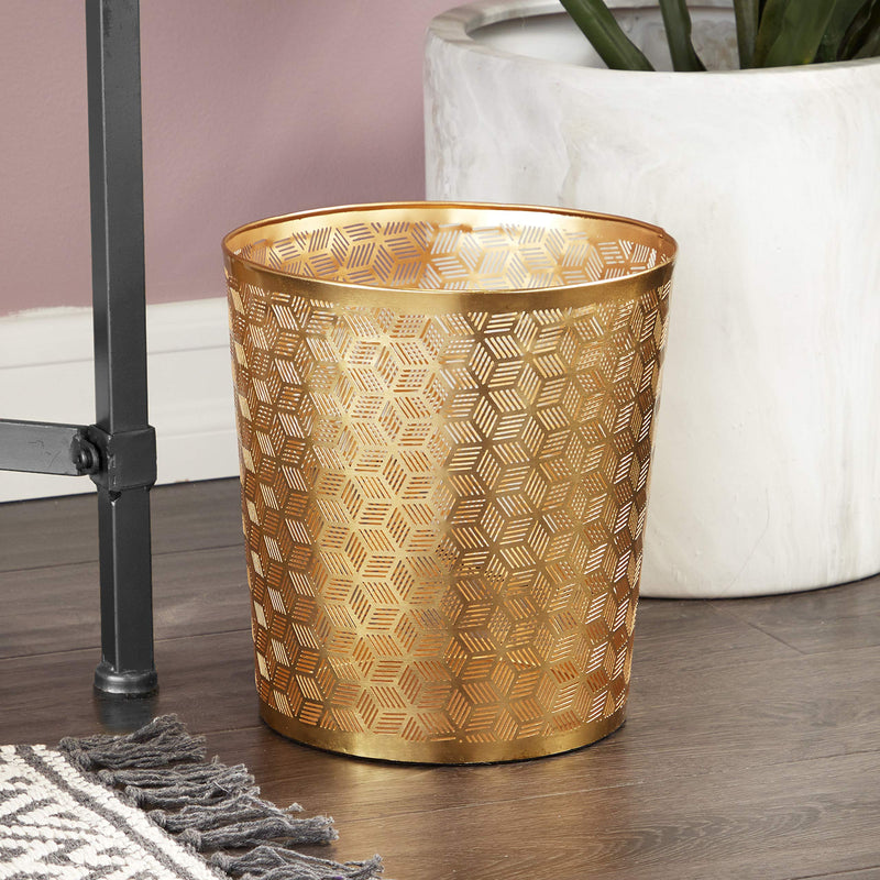 CosmoLiving by Cosmopolitan Metal Geometric Small Waste Bin with Laser Carved Design, 9" x 9" x 10", Gold Hexagon