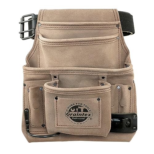 Graintex SS2280 10 Pocket Nail & Tool Pouch Beige Color Suede Leather with 2” Leather/Webbing Belt for Constructors, Electricians, Plumbers, Handymen, Standard