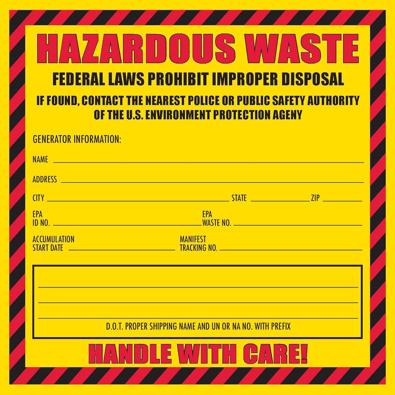 Hazardous Waste Label, 6" x 6", Pack of 25, Yellow and Red Label, Self-Adhesive