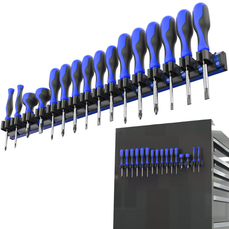Olsa Tools Magnetic Screwdriver Organizer - Screwdriver Holder with Strong Magnets and Foam Backing - Professional Tool Holder and Tool Organizer - Stores up to 16 Screwdrivers - Blue - Part: 1114 1 piece Blue Organizer / Black Clips