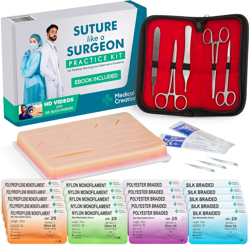 Suture Practice Kit w Suturing Guide E-Book,[Large Case Large Pad & Variety of Sutures w Slots] 4th Gen Pad, Tools Suture Needles by Medical Professionals for Residents Med Dental Vet School Students