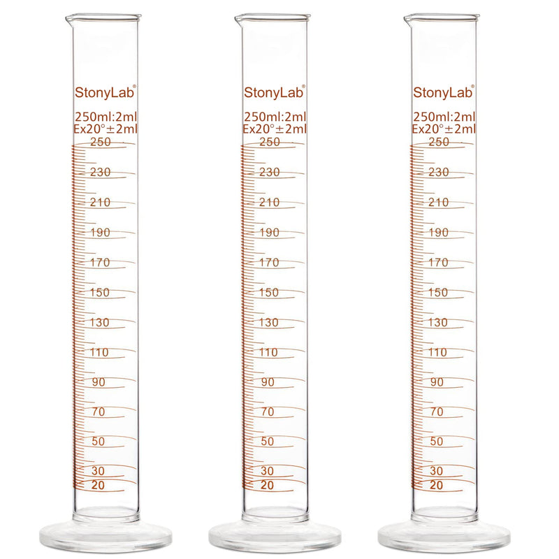 StonyLab 3-Pack Borosilicate Glass 250ml Heavy Wall Graduated Cylinder Measuring Cylinder, 250ml 250 ml