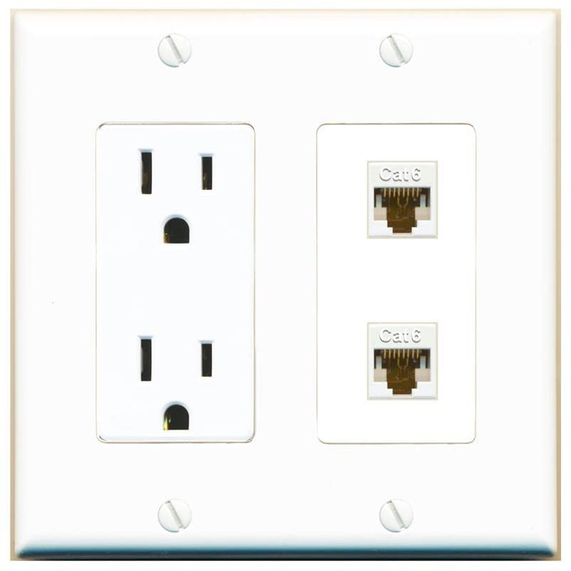 RiteAV - 15 Amp Power Outlet 2 Port Cat6 Ethernet White Decorative Wall Plate Standard Power Outlet
