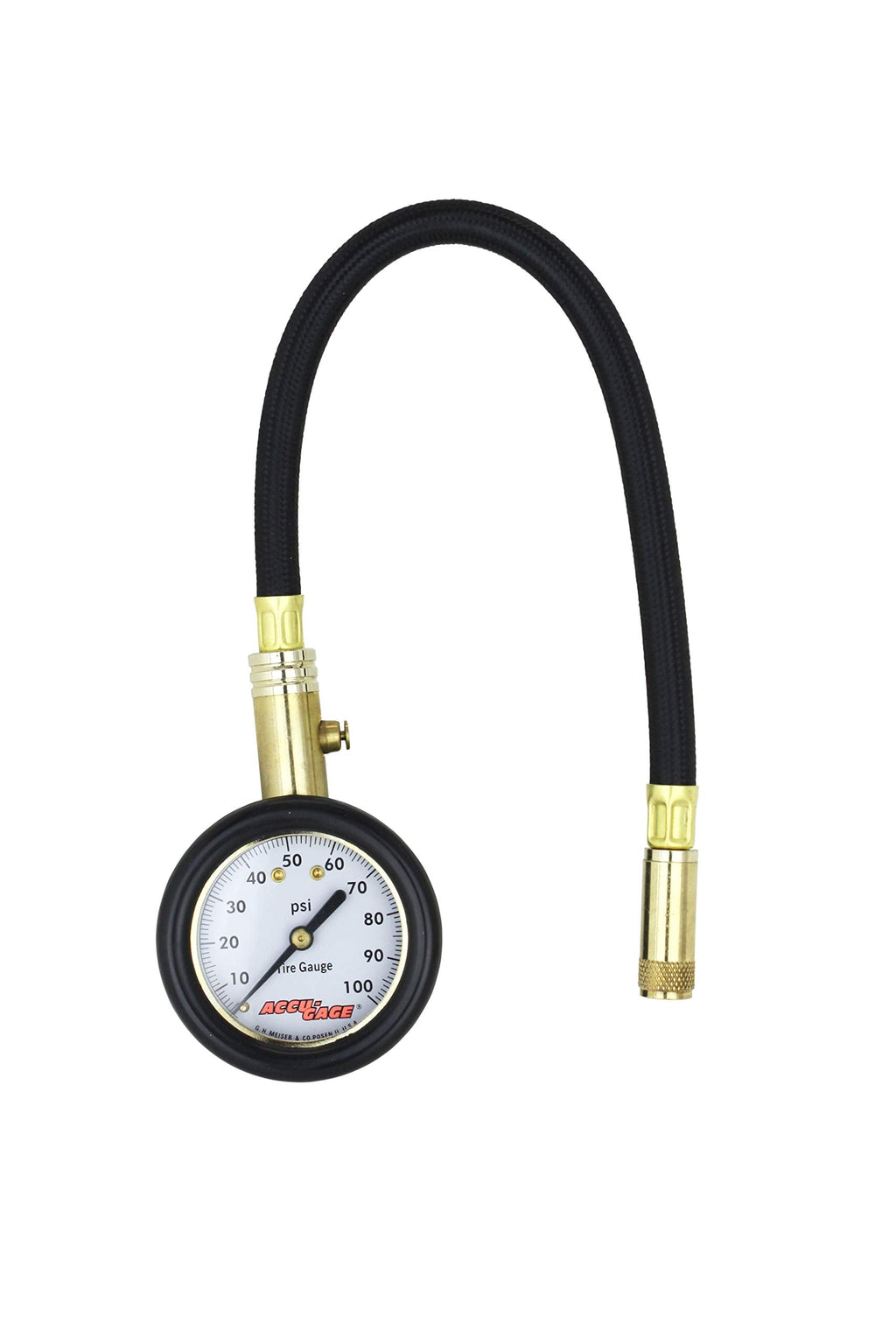 Accu-gage by Milton Dial Tire Pressure Gauge with Straight Air Chuck and 11 in. Braided Hose - ANSI Certified for Motorcycle/Car/Truck Tires (0-100 PSI)