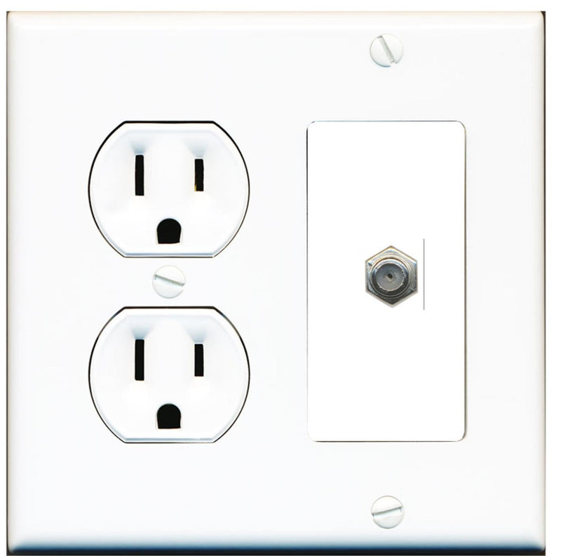 RiteAV (2 Gang Decorative) 15 Amp Round Power Outlet Coax Cable TV Wall Plate - White Round Outlet