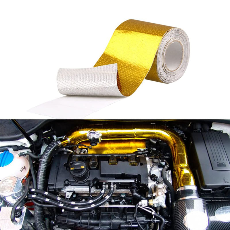 Sporacingrts 2" x32.8'(10M) Gold Adhesive Backed Heat Barrier Tape,Glassfiber Heat Shield Reflective Tape Wrap Roll,Compatible with Car Intake Pipe,Engine Bay etc.