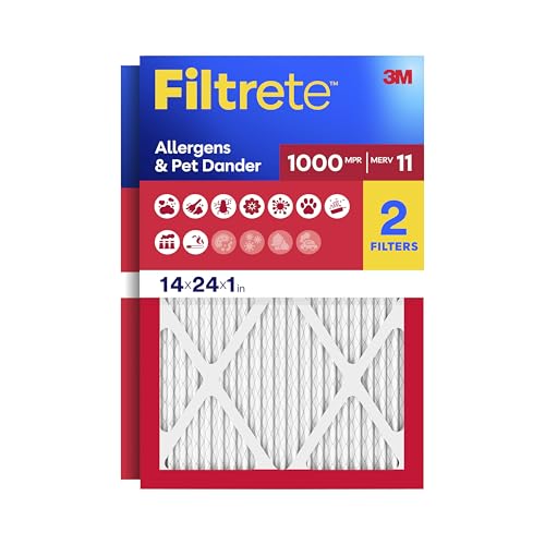 Filtrete 14x24x1 Air Filter, MERV 11, MPR 1000, Allergens & Pet Dander, 3-Month AC and Furnace Filters, Cleaner Air, Reliable Airflow, 2 HVAC Filters (Actual Size 13.68 x 23.68 x 0.81 in)