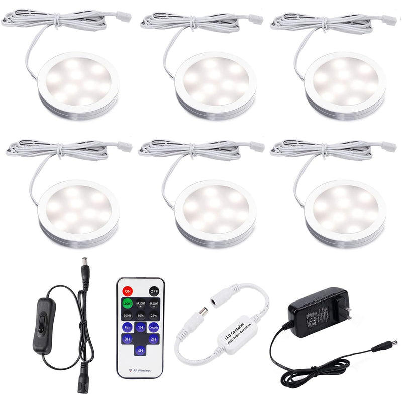 AIBOO LED Under Cabinet Lighting Fixture Kitchen Under Counter Lights with Plug in and Wireless RF Remote Control, 6 Thin Cabinet LED Puck Light Kits (4000K Natural White) 4000K Natural White