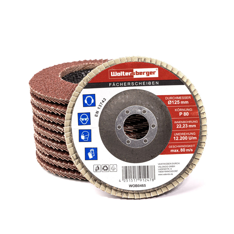 Woltersberger® Flap Discs, Diameter 125 mm, Grain 60, Pack of 10, Brown for Metal and Wood, Aluminum Oxide, Angle Grinder, Sanding Mop, Flap Discs, Sanding Discs Pack of 60