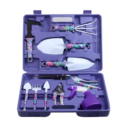 Garden Tools Set, JUMPHIGH 10 Pieces Gardening Tools with Floral Print, Ergonomic Handle Trowel Rake Weeder Pruner Shears Sprayer, Garden Hand Tools with Carrying Case Gardening Gifts for Women Father Purple