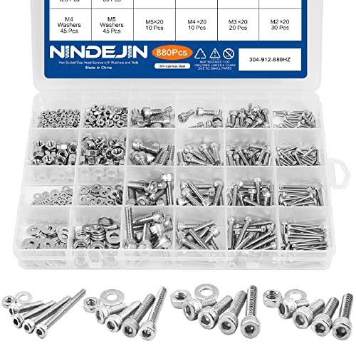 NINDEJIN 880Pcs Screw Nuts and Bolts Assortment Kit, M2 M3 M4 M5 Metric Bolts and Nuts and Washers Set, 304 Stainless Steel Precise Hex Socket Head Cap Machine Screws Set with Allen Wrenches M2 M3 M4 M5 880