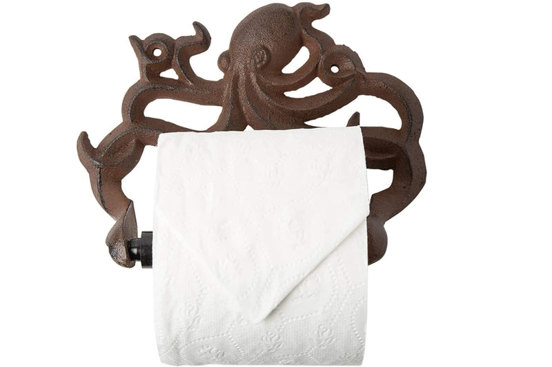 Comfify Rust Brown Cast Iron Octopus Toilet Paper Holder – Nautical Cabin | Rust Brown octopus; cast iron; 6.69"H x 8.07"L; holds jumbo rolls; spring-loaded; screws and anchors included