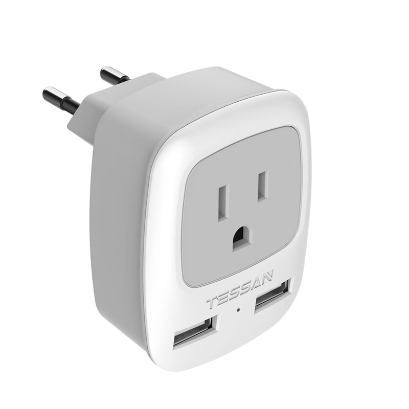 TESSAN European Travel Plug Adapter, Europe Power Plug with 2 USB Ports, Type C Outlet Adaptor Charger for US to Most of Europe EU Iceland Spain Italy France Germany Gray-Type C 2.6*2.8*2.3 inch