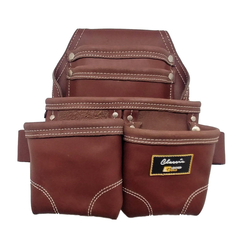 Nail Pouch | Leather Tool Pouch 3350DP, 5 Pockets, Brown, Oil-Tanned Leather, Heavy Duty Carpenter Tool Belt with Reinforced Seams and 2 Snap Loops