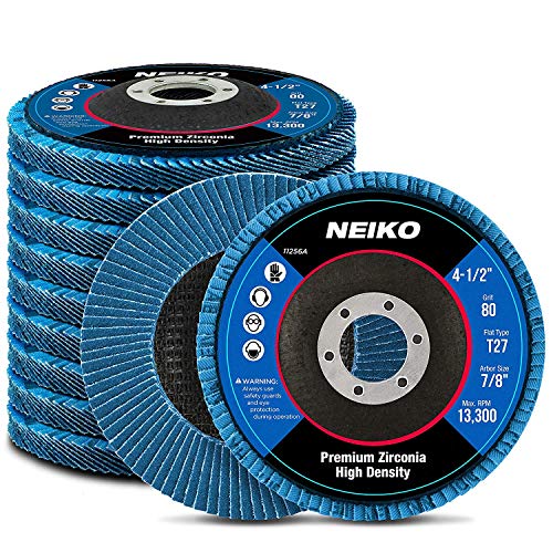 Neiko 11256A High Density Jumbo Premium Zirconia Flap Disc | 4.5" x 7/8-Inch, 80 Grit, Flat Type #27 - 10 Pack